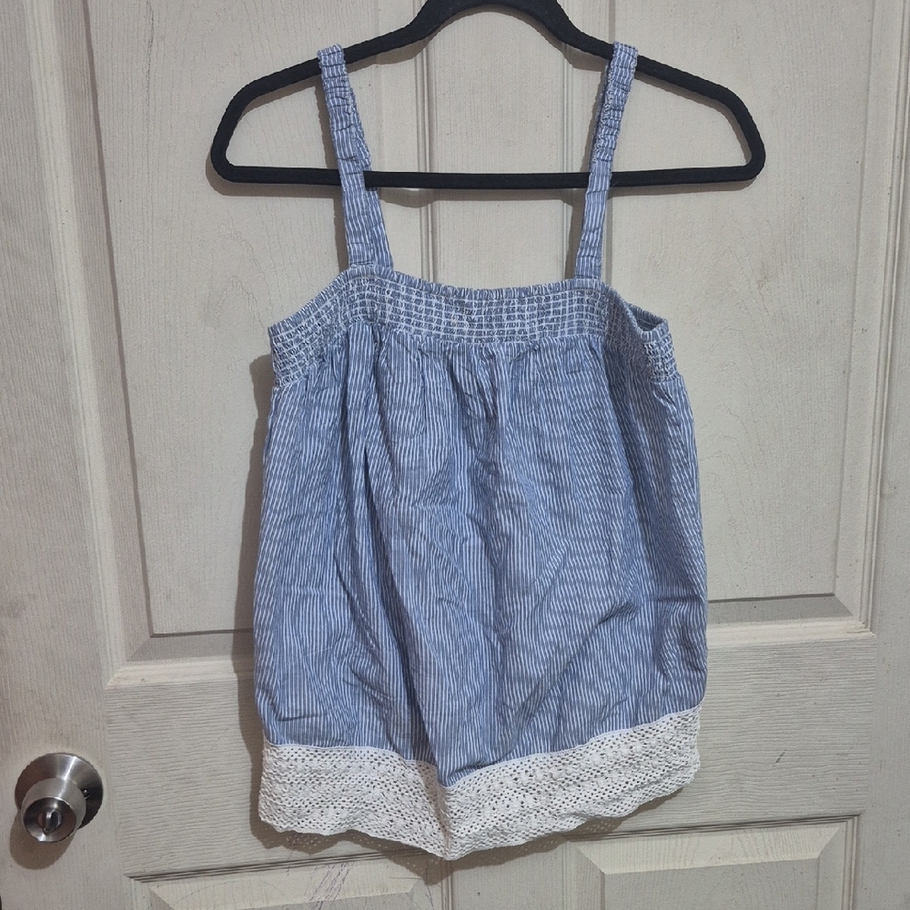 Artisan NY Blue White Boho Tank Top Lace Trim Summer Size Small